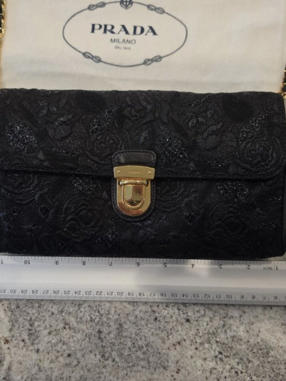 Authentic Prada Tessuto Lurex Nero Black Evening Shoulder Bag w/ Chain & Card